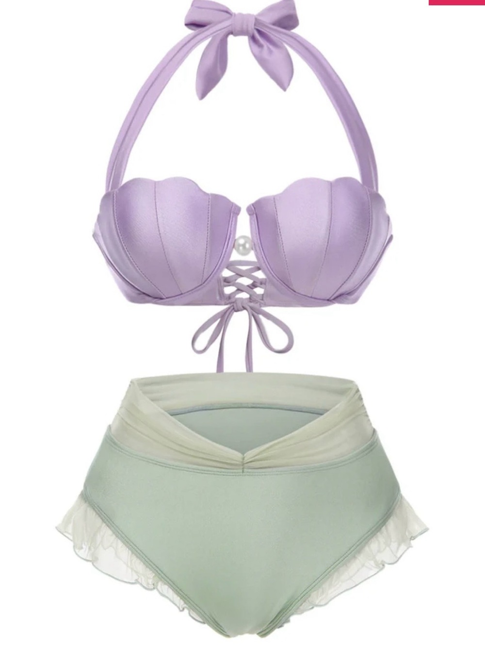 Retro Stage Little Mermaid Halter Bikini Top with Mint High-Waist Bottoms